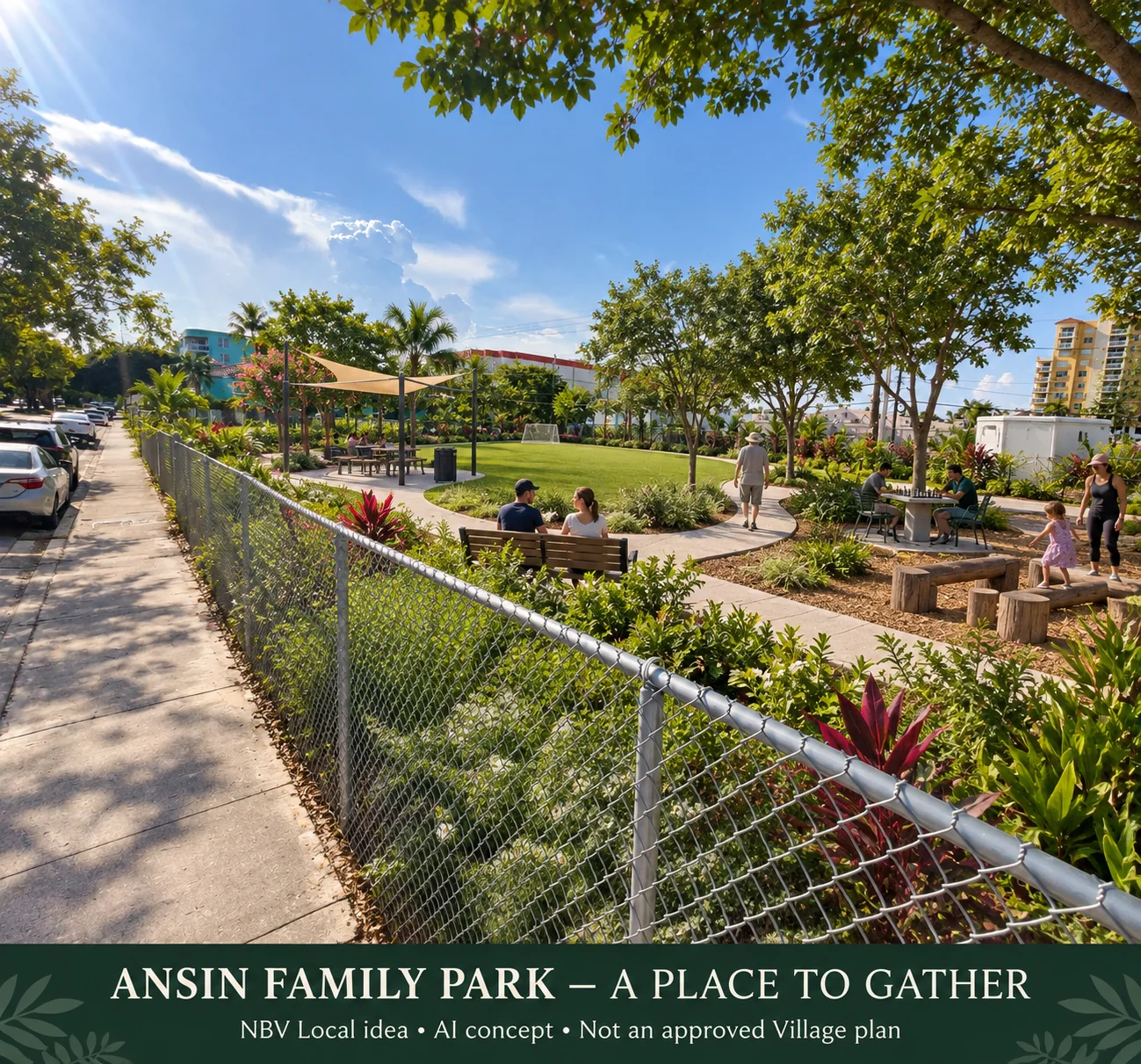 AI-generated NBV Local concept imagining trees, shade sails, benches and gathering spaces at Ansin Family Park; not an approved Village plan