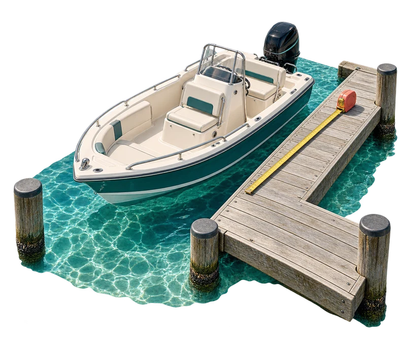 An illustrated boat beside a dock and a tape measure, showing the idea of checking a boat’s fit