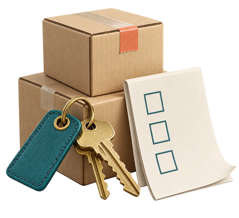 Moving boxes, house keys and a checklist with empty boxes