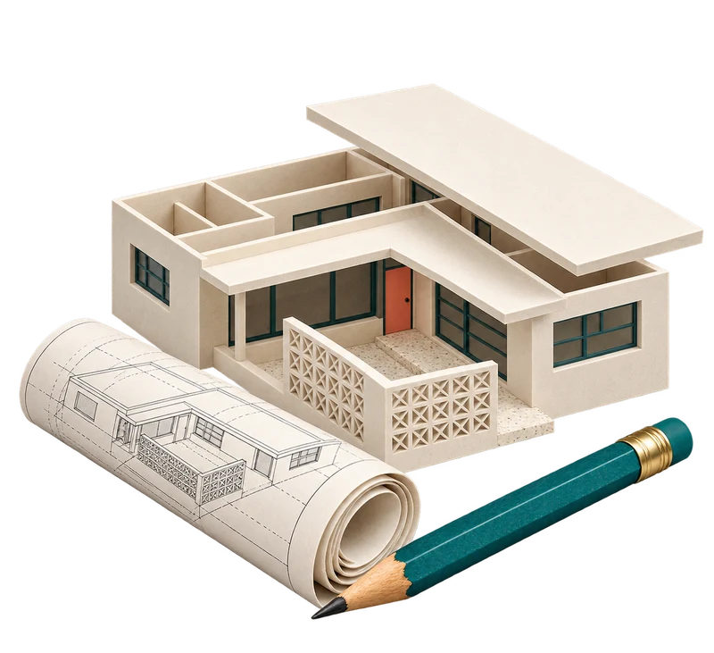 A conceptual South Florida courtyard house model with a flat roof and shaded windows, beside its drawing and a teal pencil