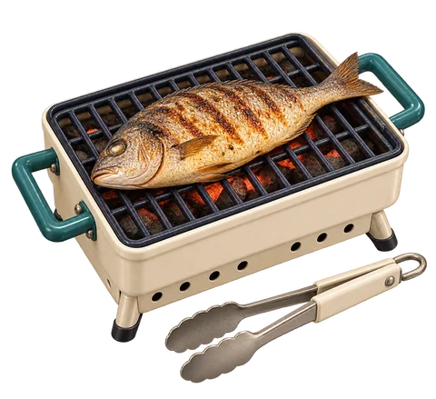 Concept illustration of a whole fish cooking on a cream barbecue with teal handles