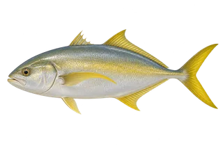 3D illustration of a silvery yellow jack with yellow fins and a forked tail.