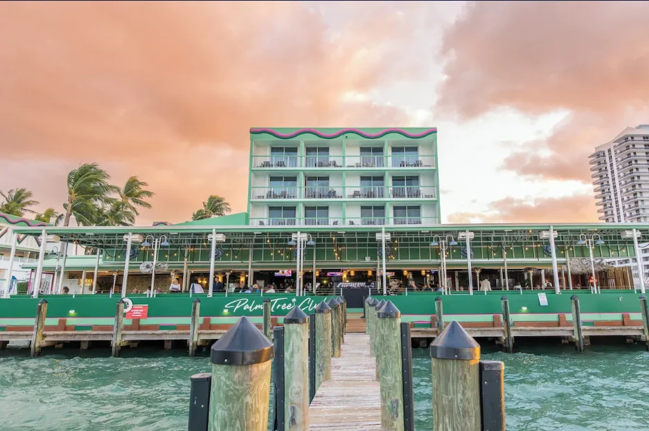 Palm Tree Club hotel and waterfront restaurant viewed from its dock