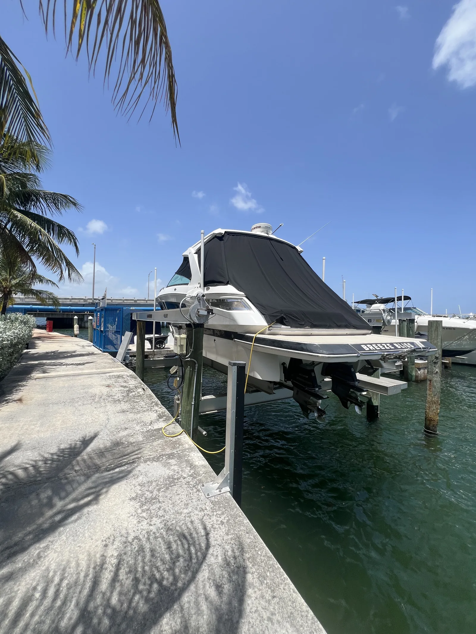 A motorboat resting on a lift beside the marina walkway